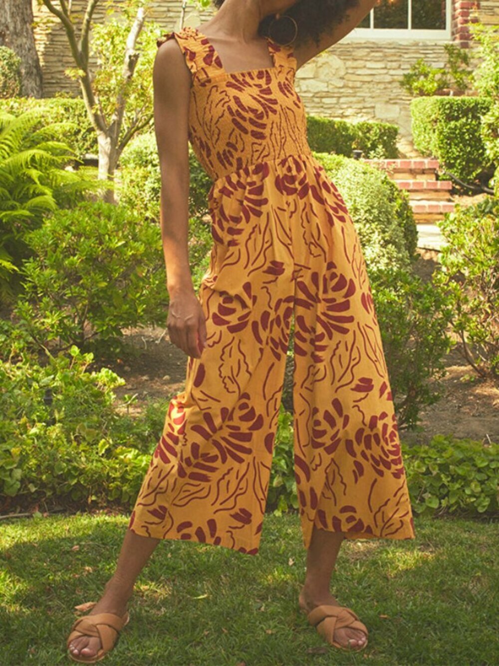 The Odells Jane Cotton Jumpsuit in Yellow Maroon Size S